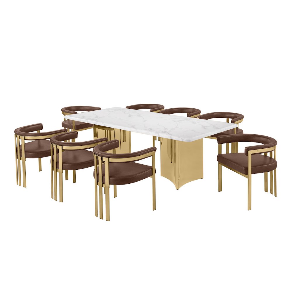 9pc 38mm Marble Top Dining Set Mocha Chiars Gold Base. Picture 1