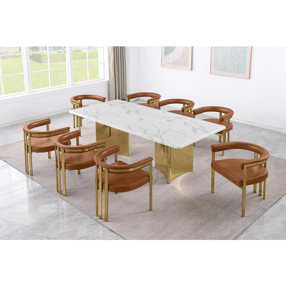 9pc 38mm Marble Top Dining Set Toffee Chiars Gold Base. Picture 2
