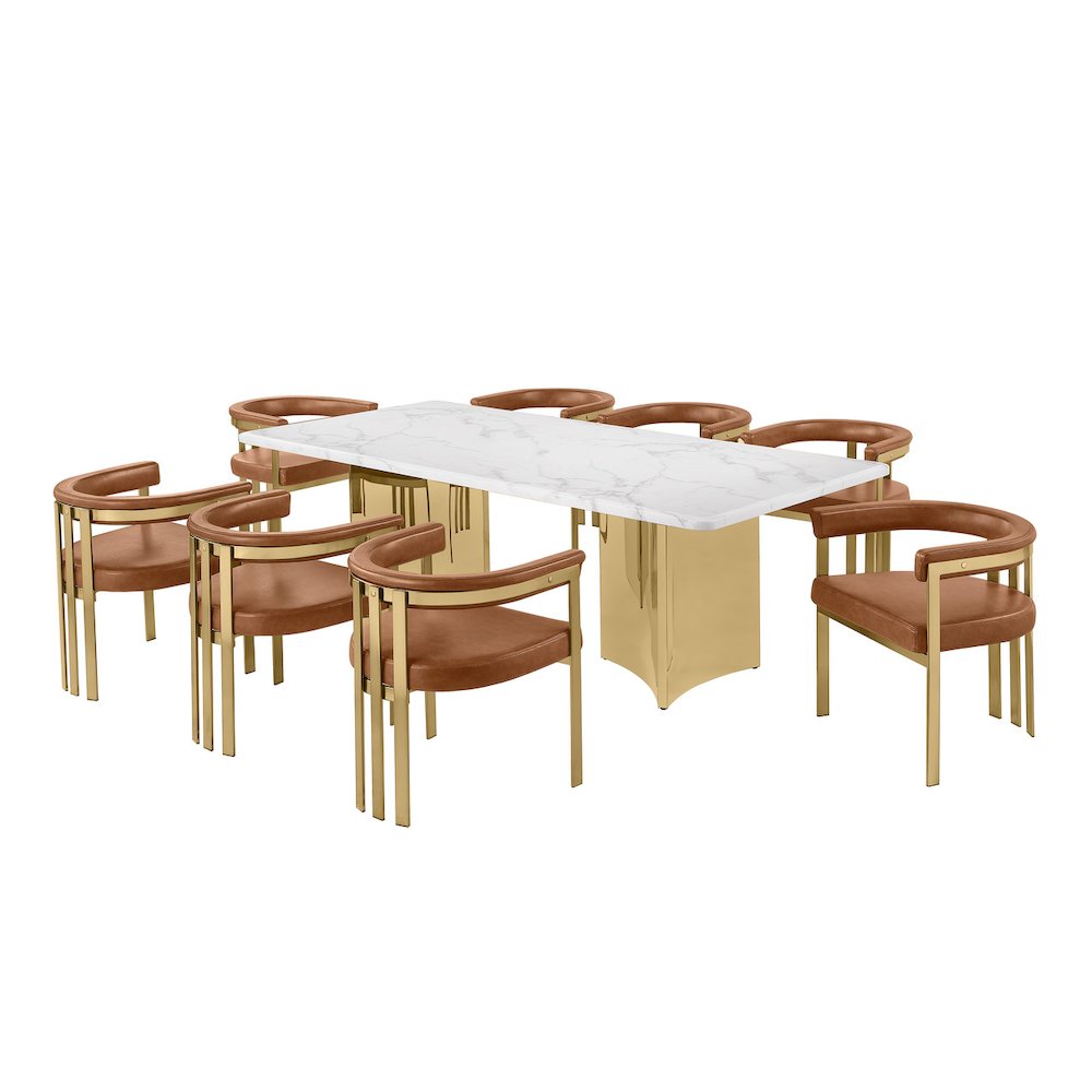 9pc 38mm Marble Top Dining Set Toffee Chiars Gold Base. Picture 1