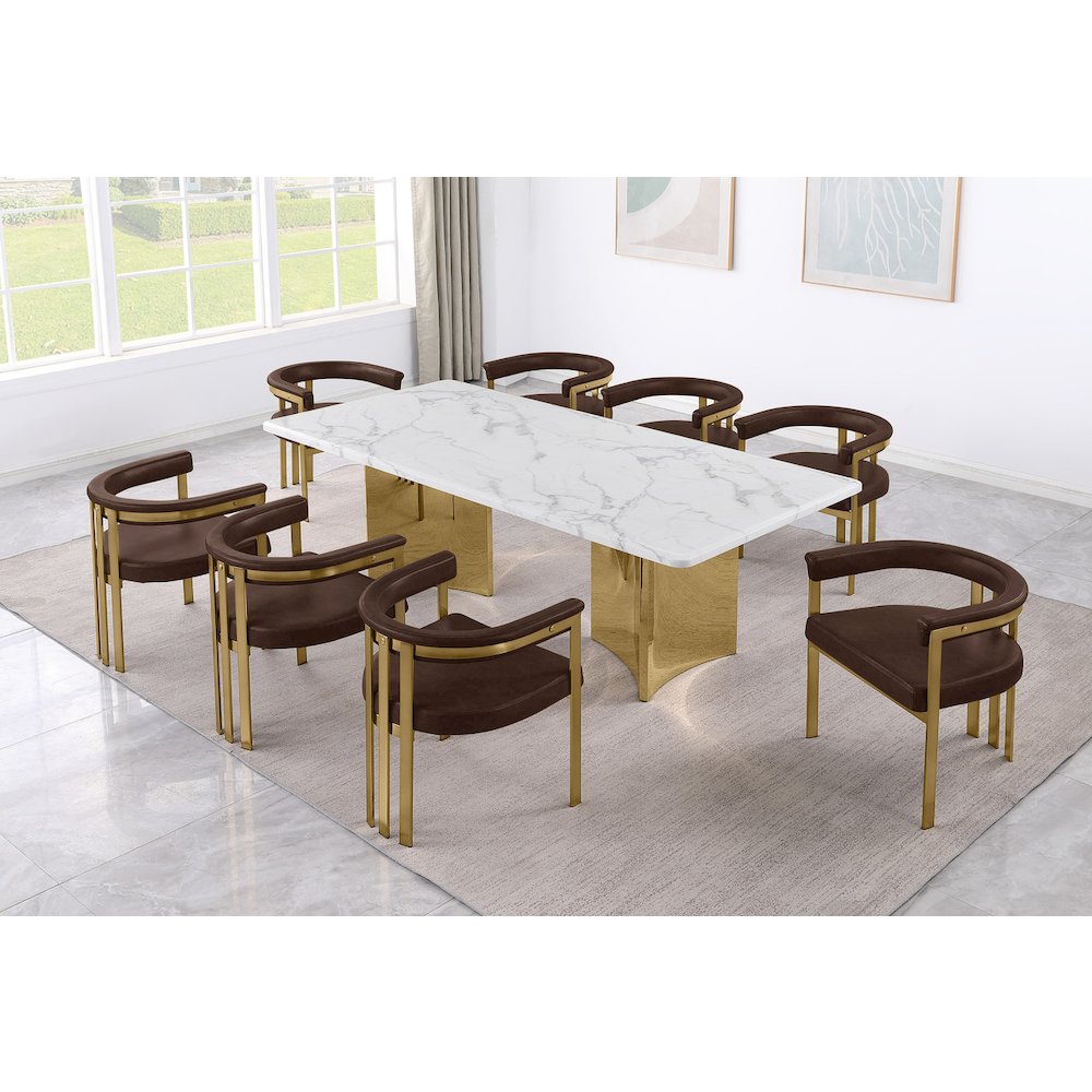 9pc 38mm Marble Top Dining Set Espresso Chiars Gold Base. Picture 2