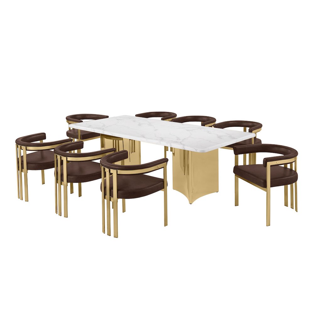 9pc 38mm Marble Top Dining Set Espresso Chiars Gold Base. Picture 1