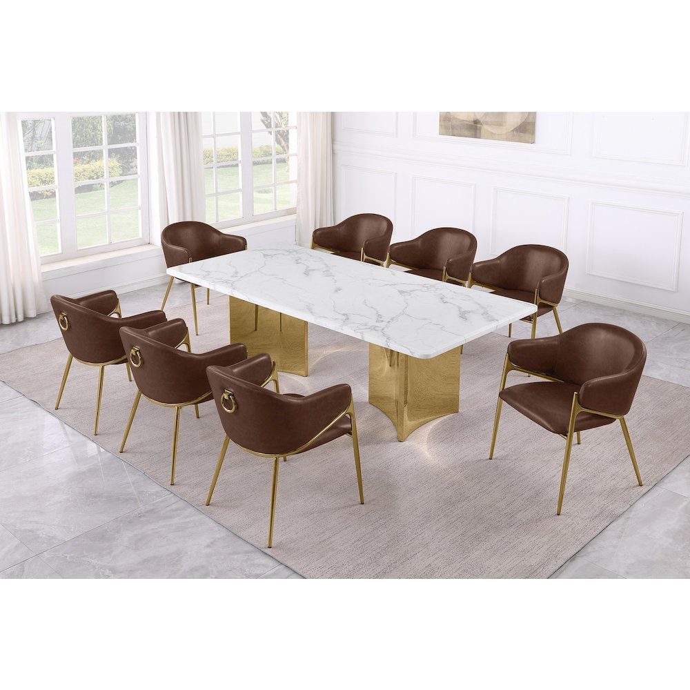 9pc Rectangular White Marble Top with 8 Mocha Boucle Fabric Chairs Gold Base. Picture 2