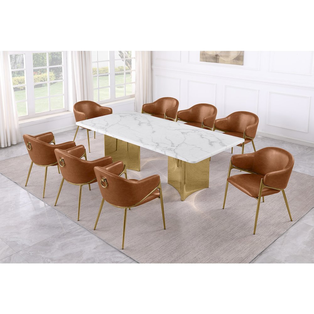 9pc Rectangular White Marble Top with Toffee Boucle Fabric Chairs Gold Base. Picture 2