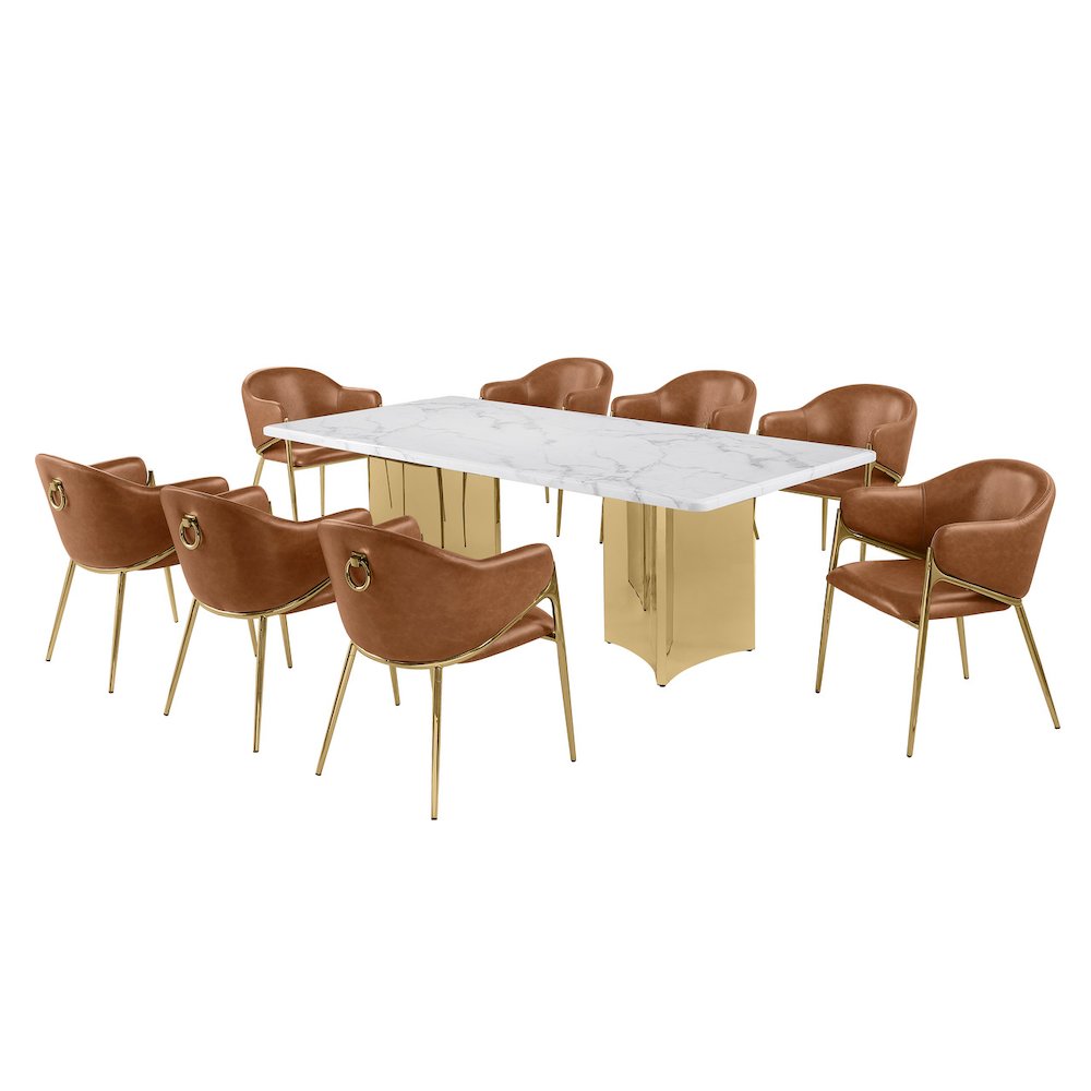 9pc Rectangular White Marble Top with Toffee Boucle Fabric Chairs Gold Base. Picture 1