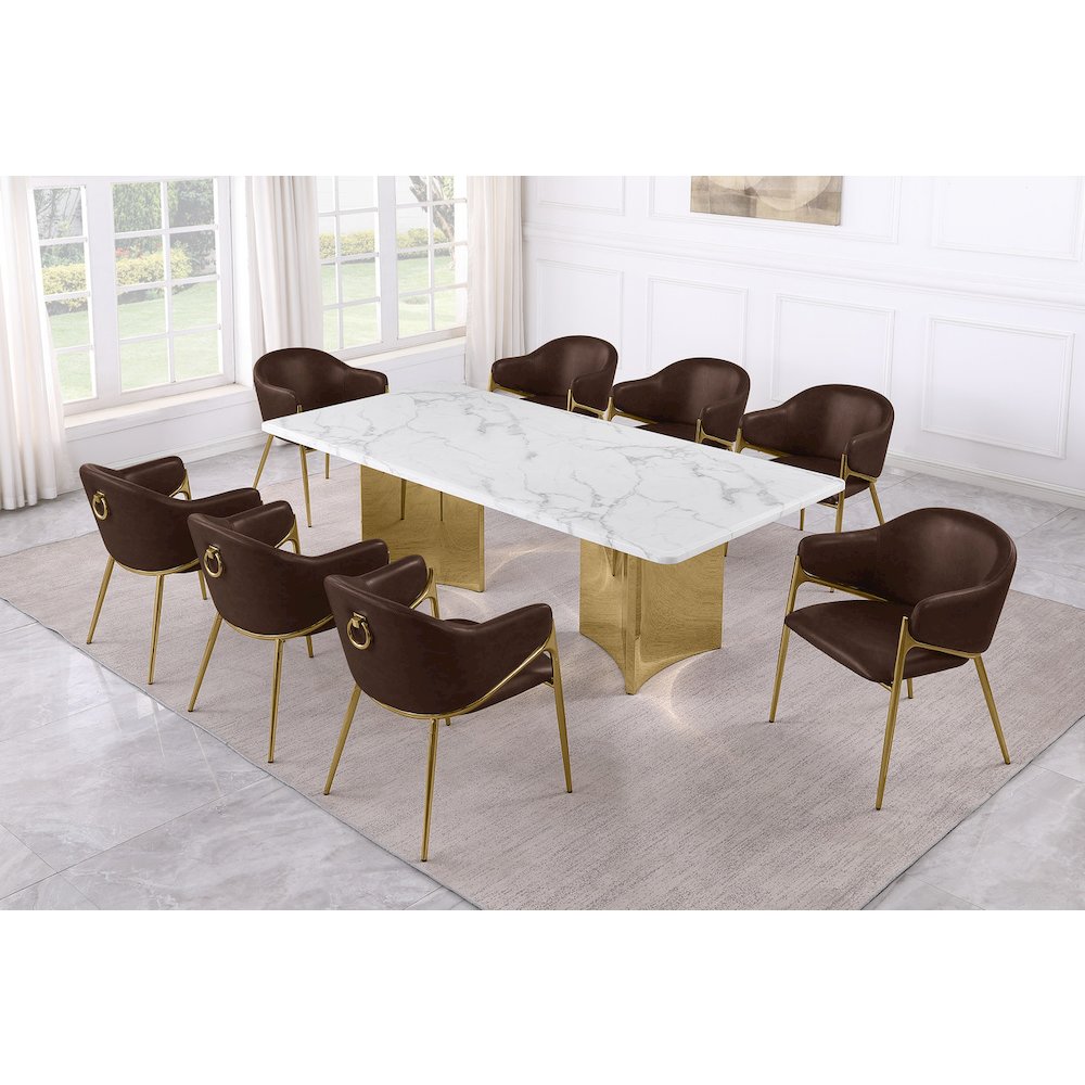 9pc Rectangular White Marble Top with Espresso Boucle Fabric Chairs Gold Base. Picture 2