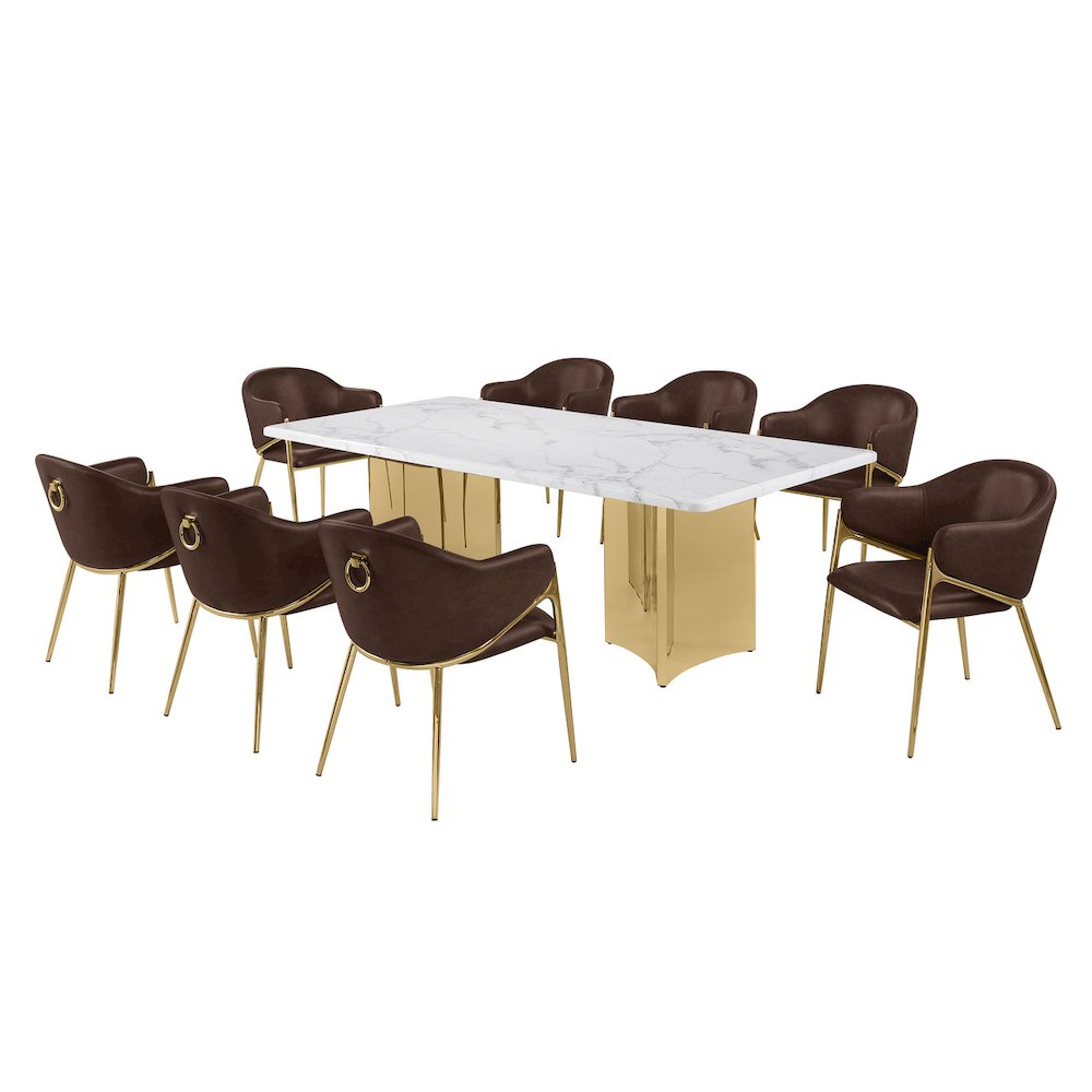 9pc Rectangular White Marble Top with Espresso Boucle Fabric Chairs Gold Base. Picture 1