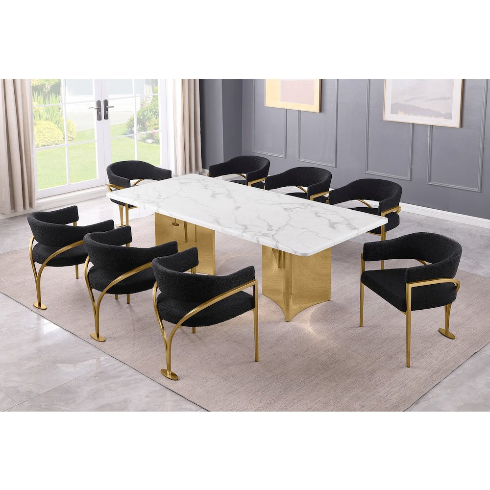 9pc 38mm Marble Top Dining Set Black Chiars Gold Base. Picture 2