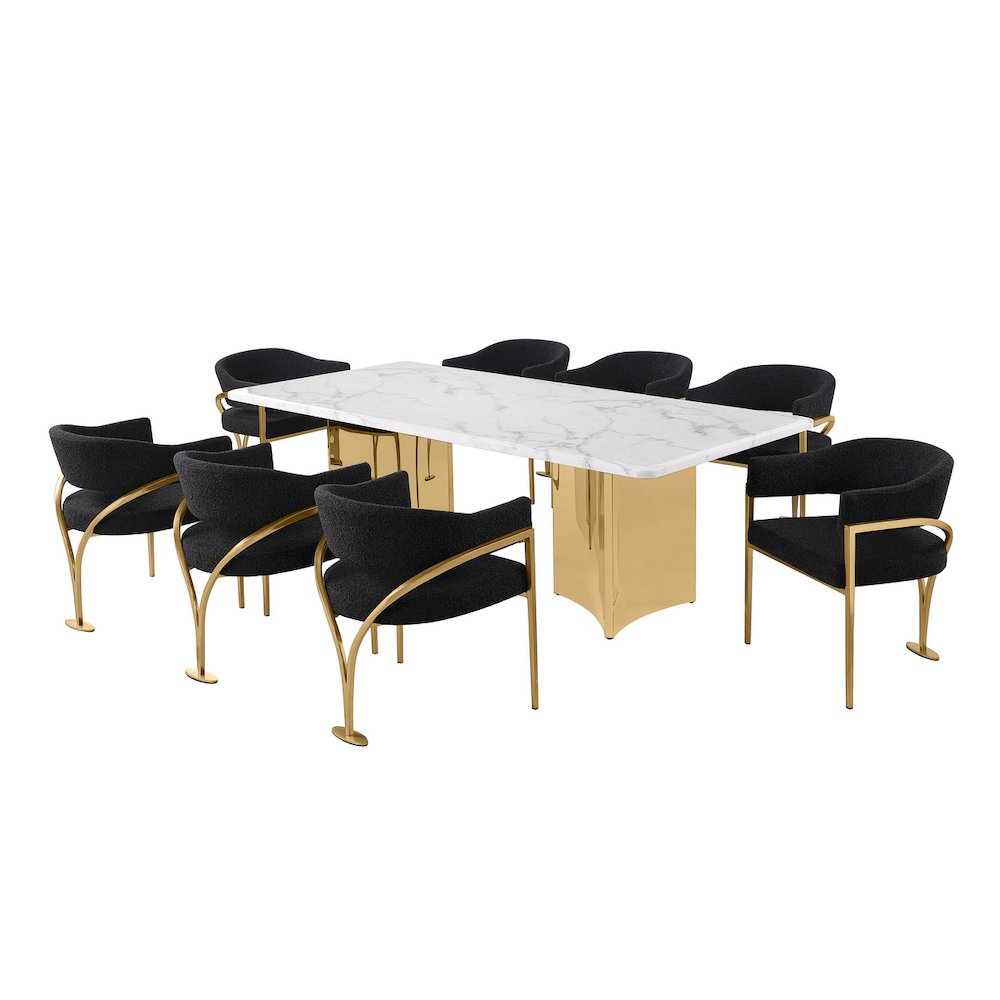 9pc 38mm Marble Top Dining Set Black Chiars Gold Base. Picture 1