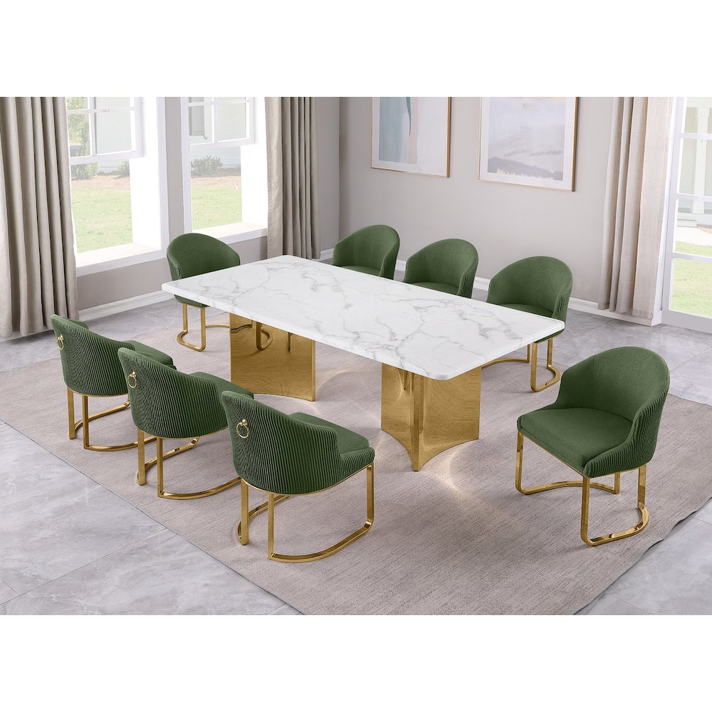 9pc Rectangular Dining Table Set with White Marble Top and Green Chairs. Picture 2