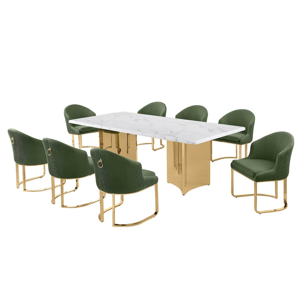 9pc Rectangular Dining Table Set with White Marble Top and Green Chairs. Picture 1