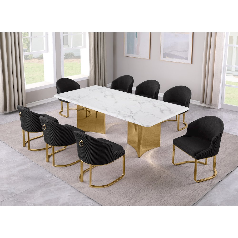 9pc Rectangular Dining Table Set with White Marble Top and Black Chairs. Picture 2