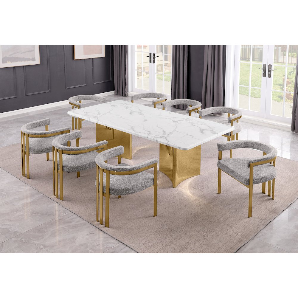 9pc Rectangular White Marble Top with 8 Rich Gray Boucle Fabric Chairs Gold Base. Picture 2