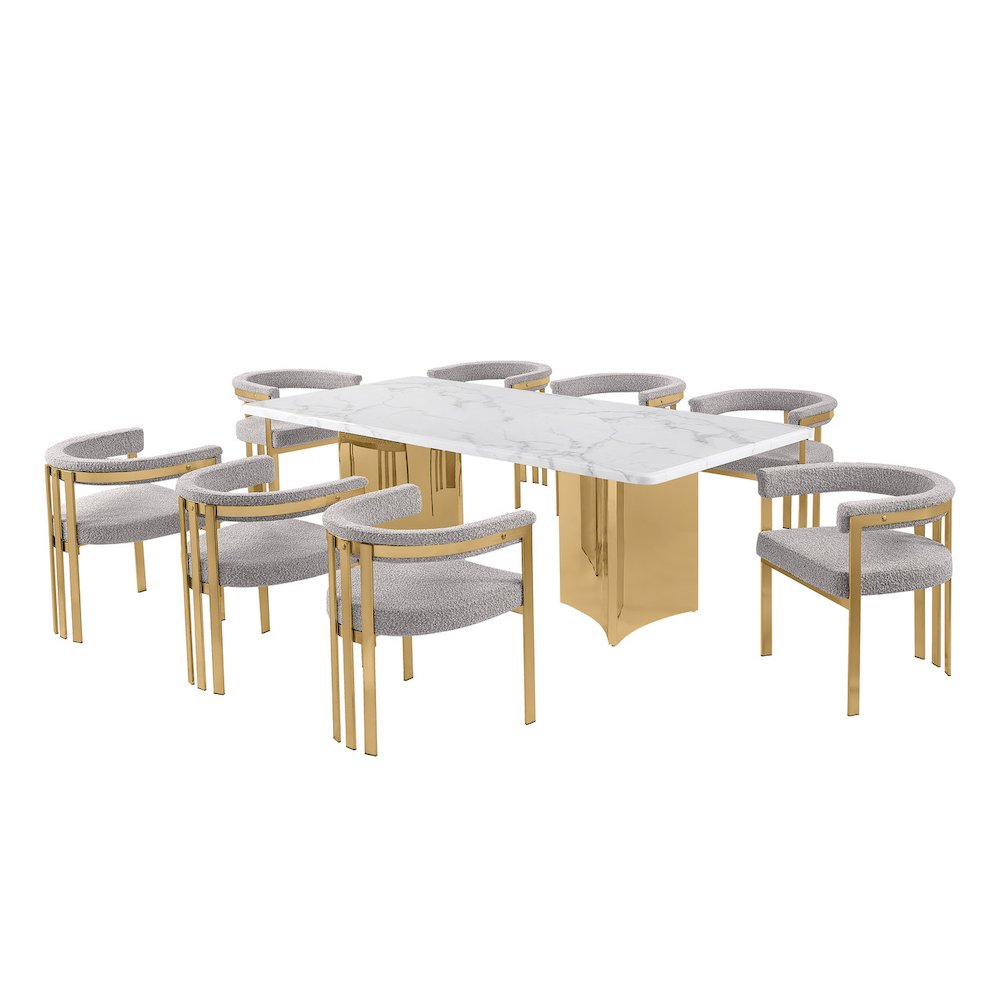 9pc Rectangular White Marble Top with 8 Rich Gray Boucle Fabric Chairs Gold Base. Picture 1