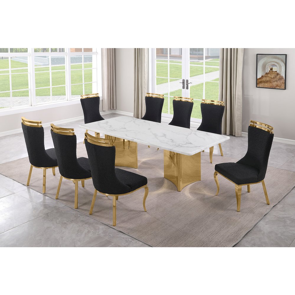 9pc Rectangular White Marble Top with 8 Black Boucle Fabric Chairs Gold Base. Picture 2