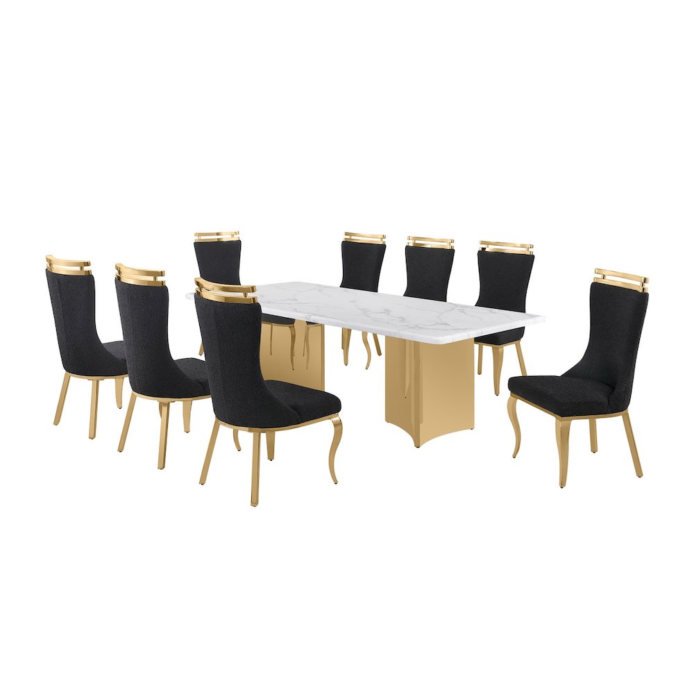 9pc Rectangular White Marble Top with 8 Black Boucle Fabric Chairs Gold Base. Picture 1