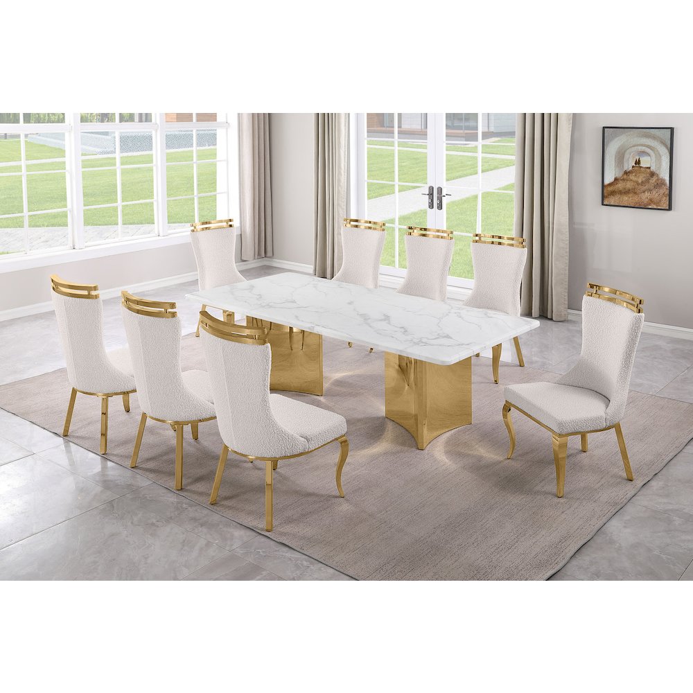 9pc Rectangular White Marble Top with 8 Cream Boucle Fabric Chairs Gold Base. Picture 2