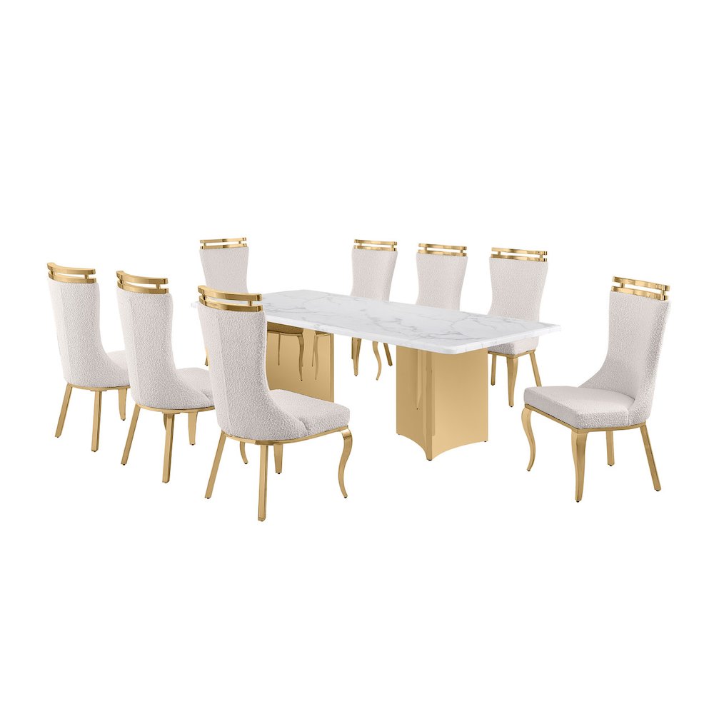 9pc Rectangular White Marble Top with 8 Cream Boucle Fabric Chairs Gold Base. Picture 1