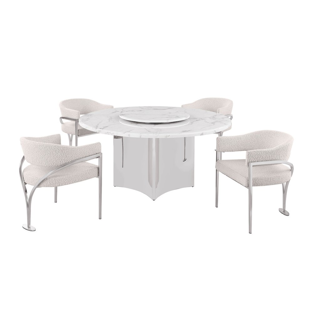 5pc Circle Marble Top With Lazy Susan and 4 Cream Chairs. Picture 1