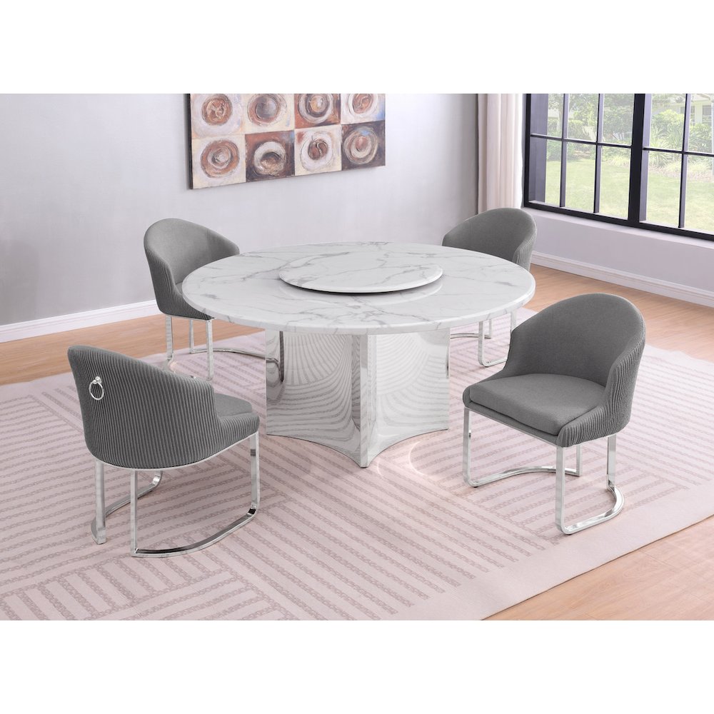 5pc Circle Marble Top With Lazy Susan and 4 Rich Gray Chairs with Silver Base. Picture 2