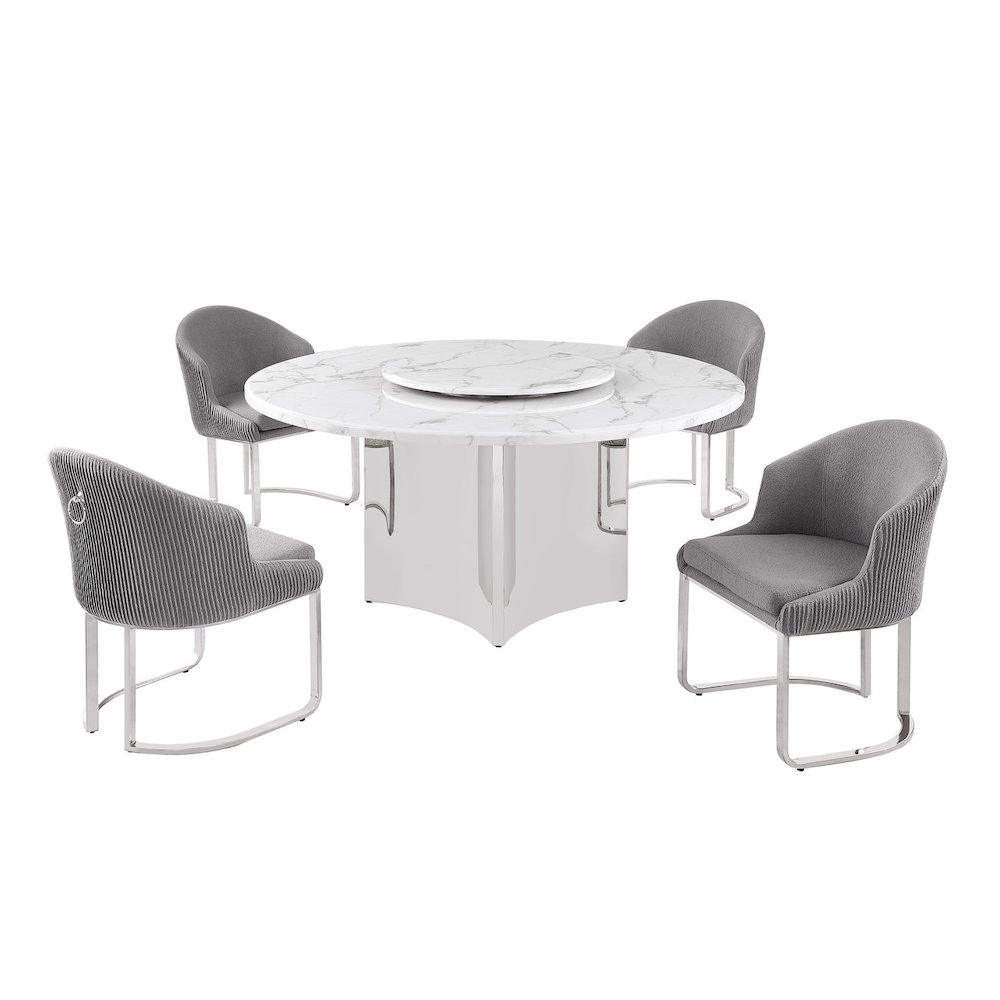 5pc Circle Marble Top With Lazy Susan and 4 Rich Gray Chairs with Silver Base. Picture 1