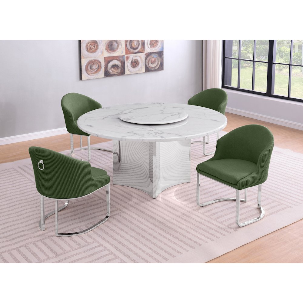 5pc Circle Marble Top With Lazy Susan and 4 Gray Chairs with Silver Base. Picture 2