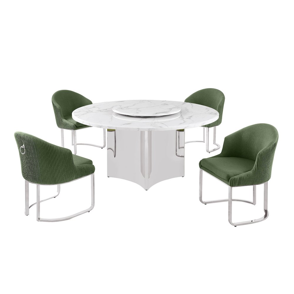 5pc Circle Marble Top With Lazy Susan and 4 Gray Chairs with Silver Base. Picture 1