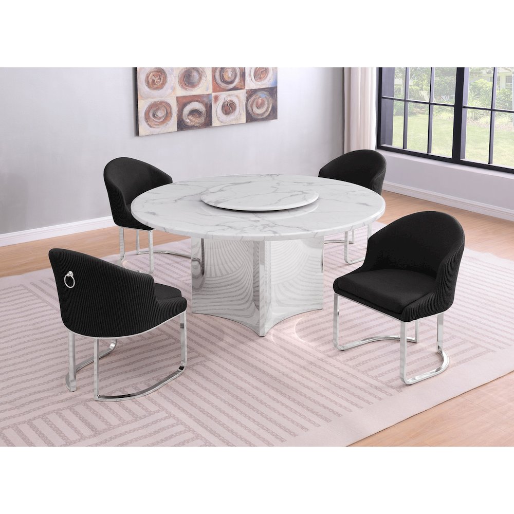5pc Circle Marble Top With Lazy Susan and 4 Black with Silver Chairs. Picture 2