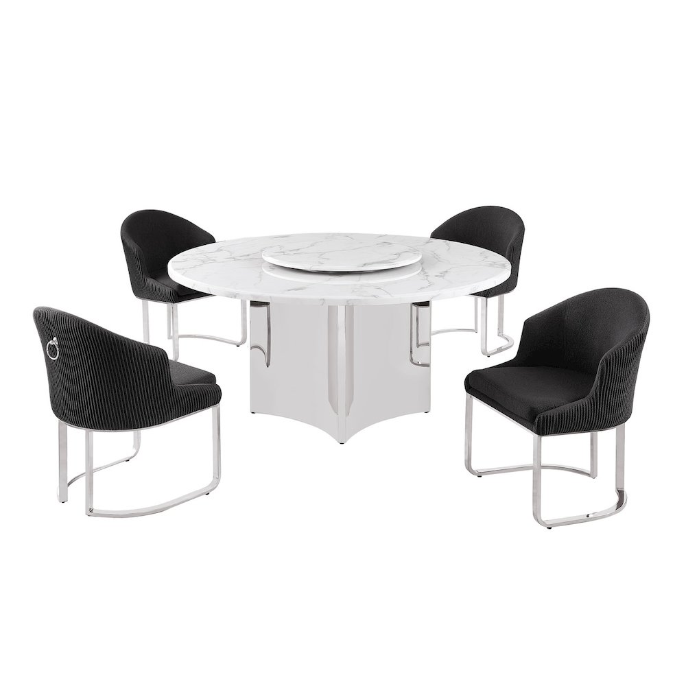5pc Circle Marble Top With Lazy Susan and 4 Black with Silver Chairs. Picture 1