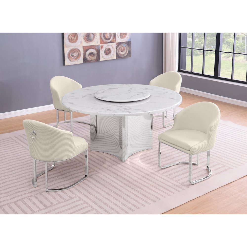 5pc Circle Marble Top With Lazy Susan and 4 Cream Chairs with Silver Base. Picture 2