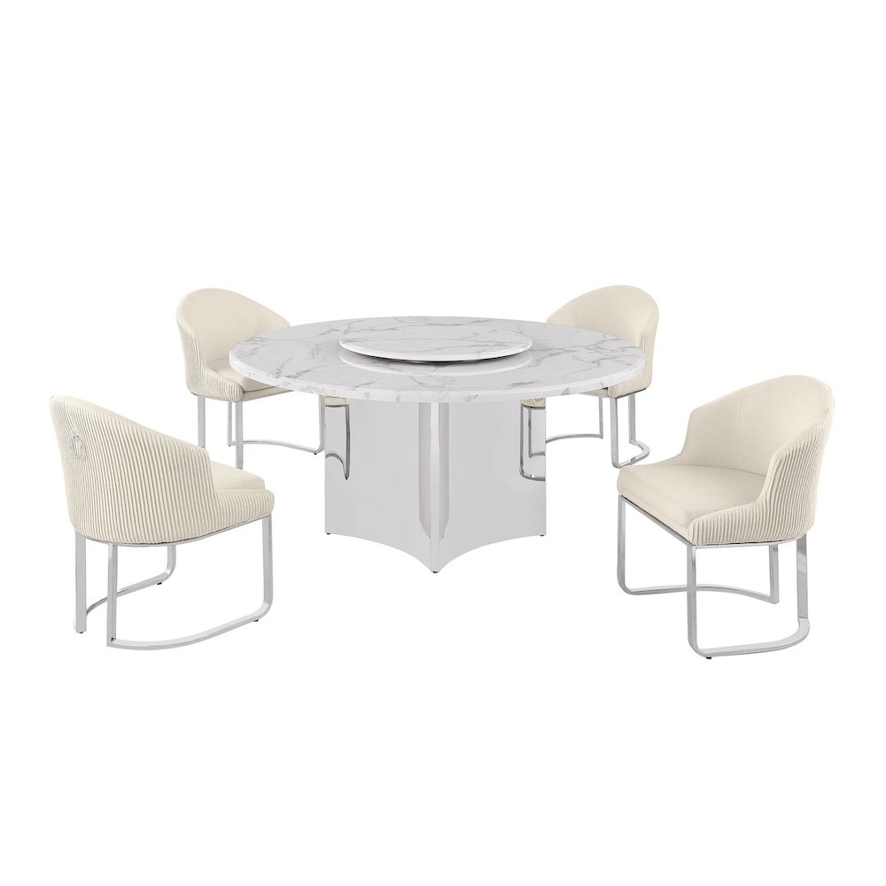 5pc Circle Marble Top With Lazy Susan and 4 Cream Chairs with Silver Base. Picture 1