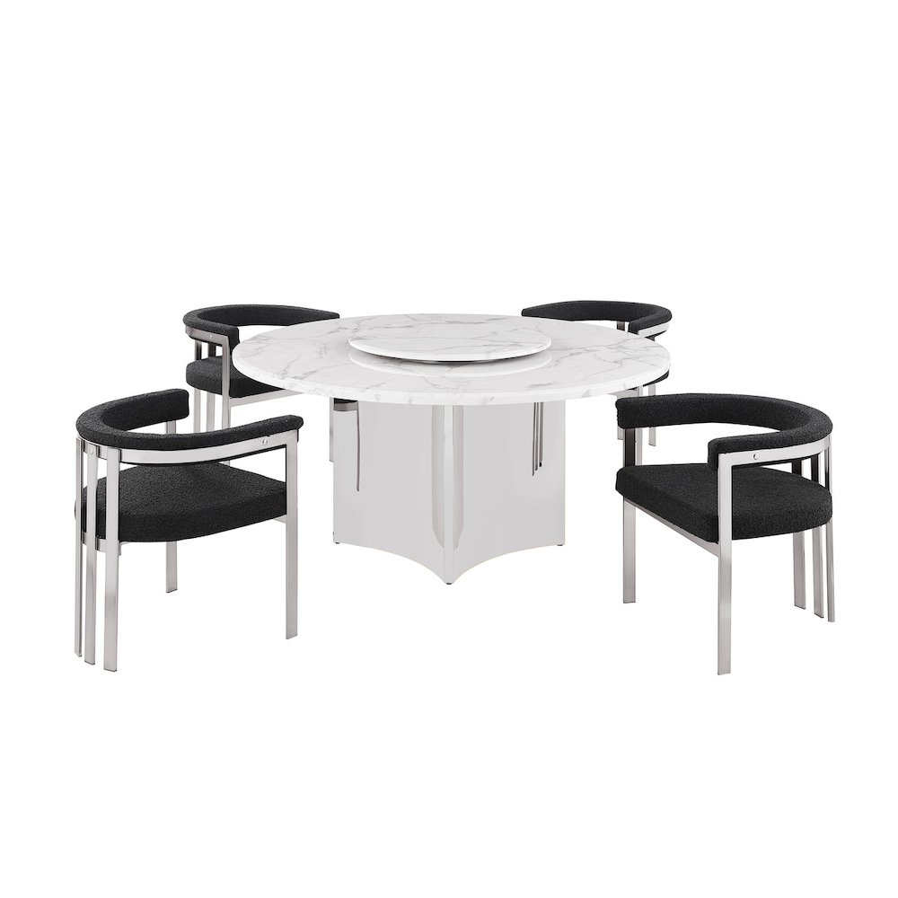 5pc Circle Marble Top With Lazy Susan and 4 Black Chairs. Picture 1