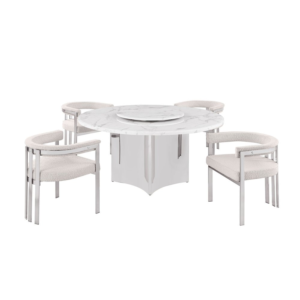 5pc Circle Marble Top With Lazy Susan and 4 Cream Chairs. Picture 1
