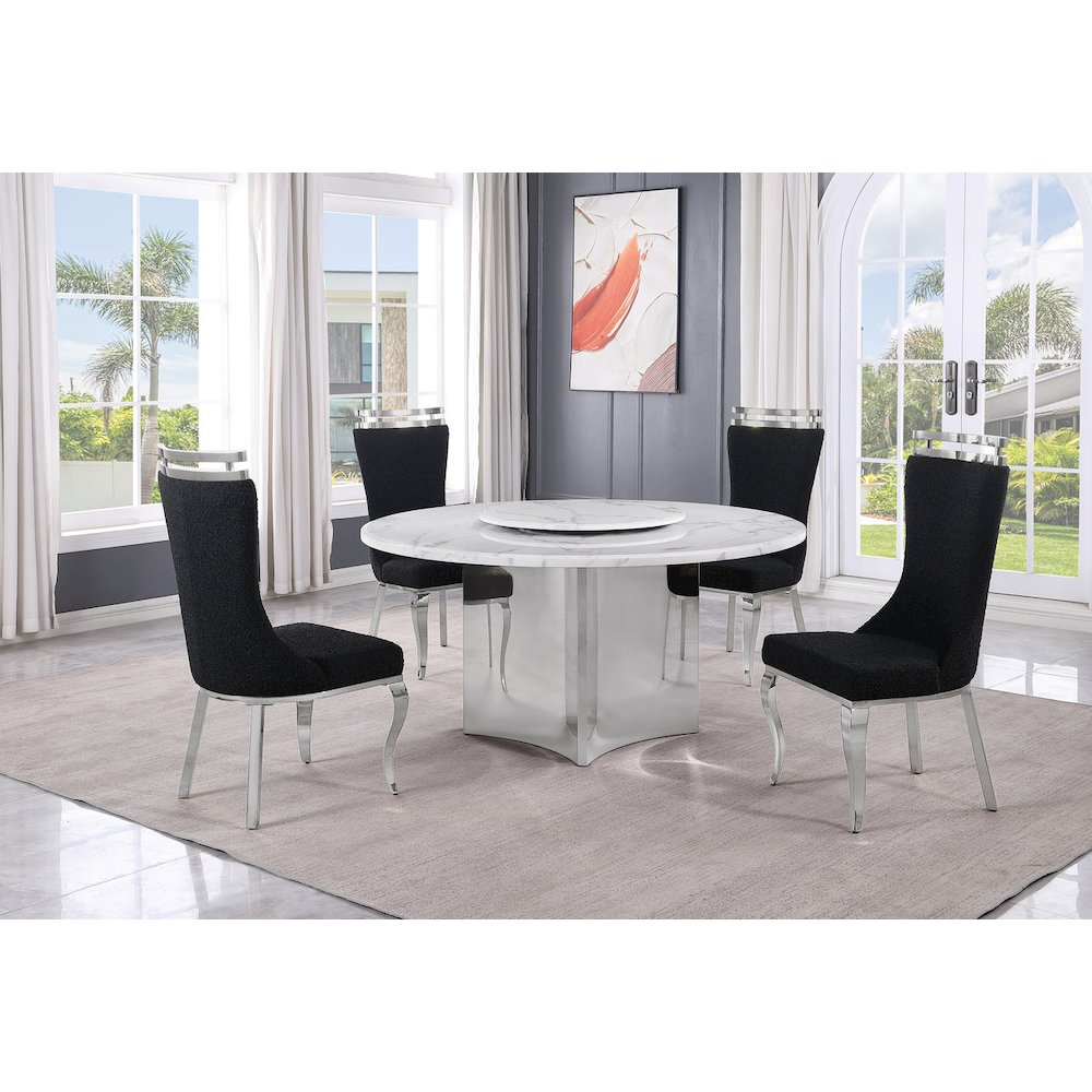 5pc Circle Marble Top With Lazy Susan and 4 Black with Silver Chairs. Picture 2