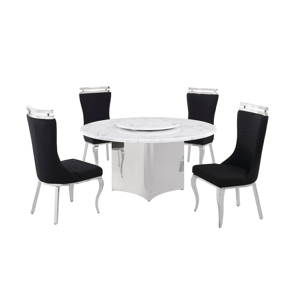 5pc Circle Marble Top With Lazy Susan and 4 Black with Silver Chairs. Picture 1