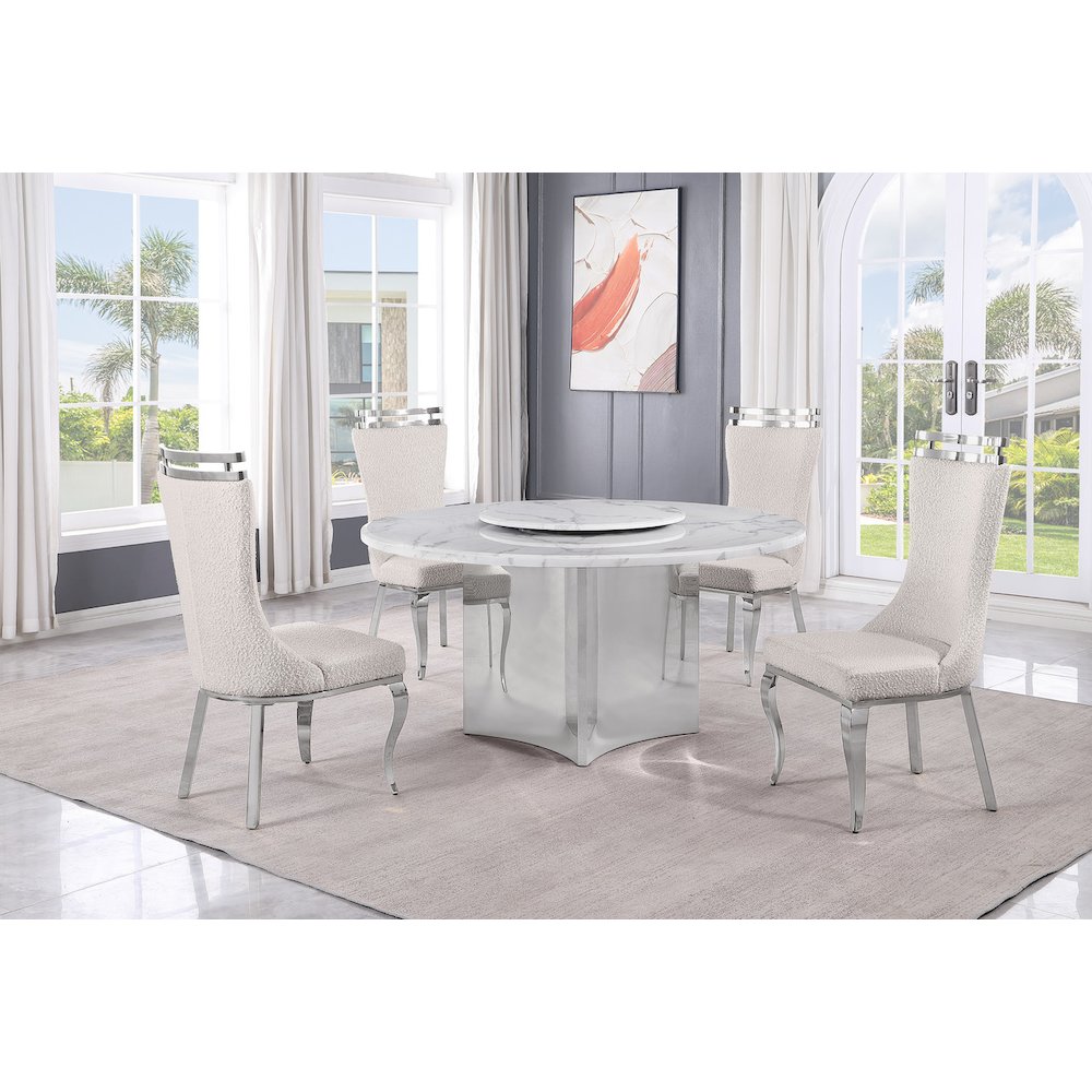 5pc Circle Marble Top With Lazy Susan and 4 Cream Chairs with Silver Base. Picture 2