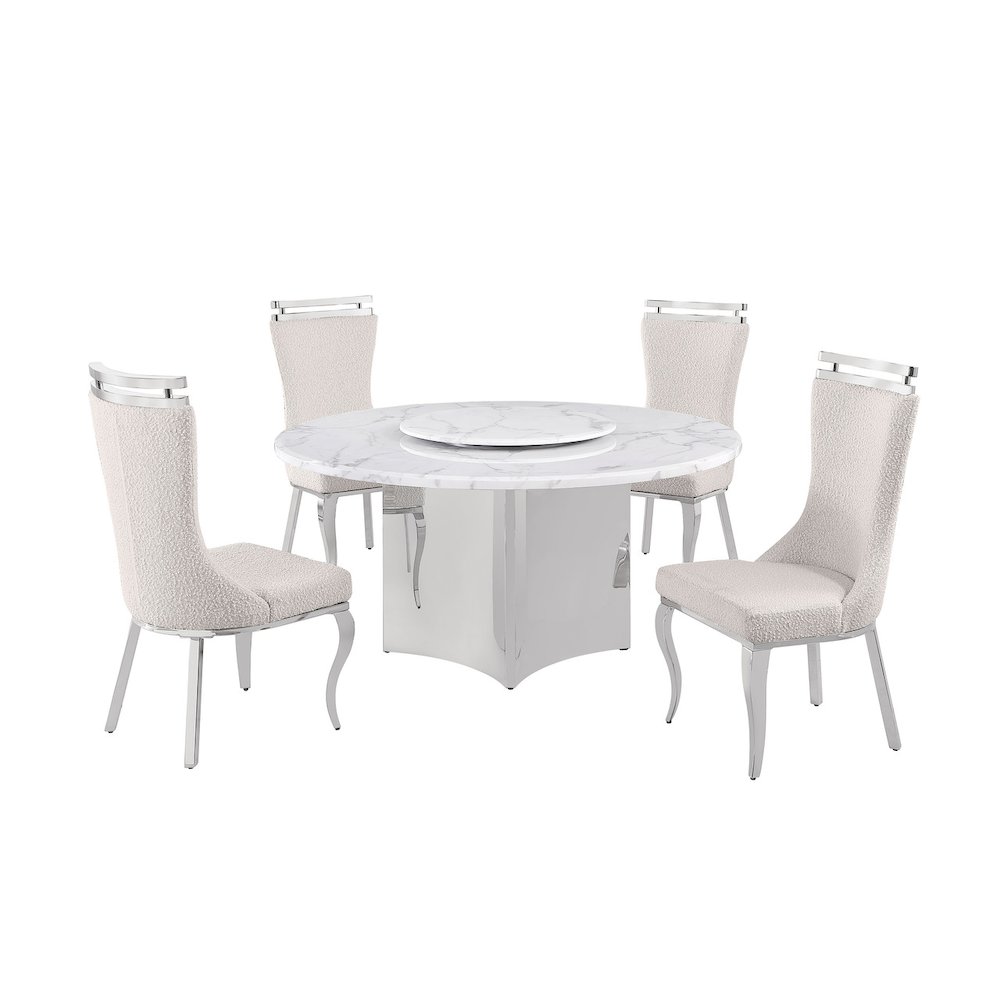 5pc Circle Marble Top With Lazy Susan and 4 Cream Chairs with Silver Base. Picture 1