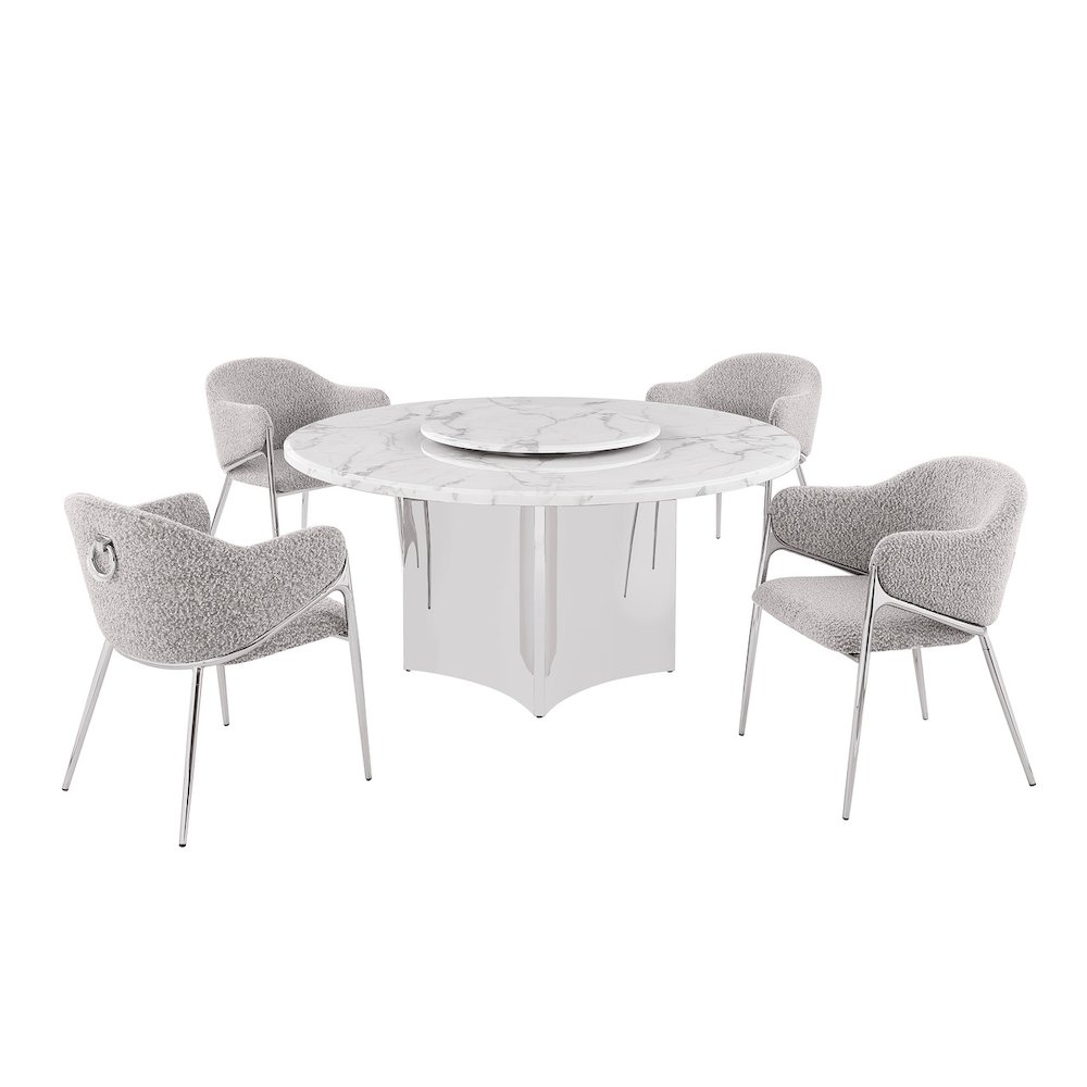 5pc Circle Marble Top With Lazy Susan and 4 Rich Gray Chairs. Picture 1