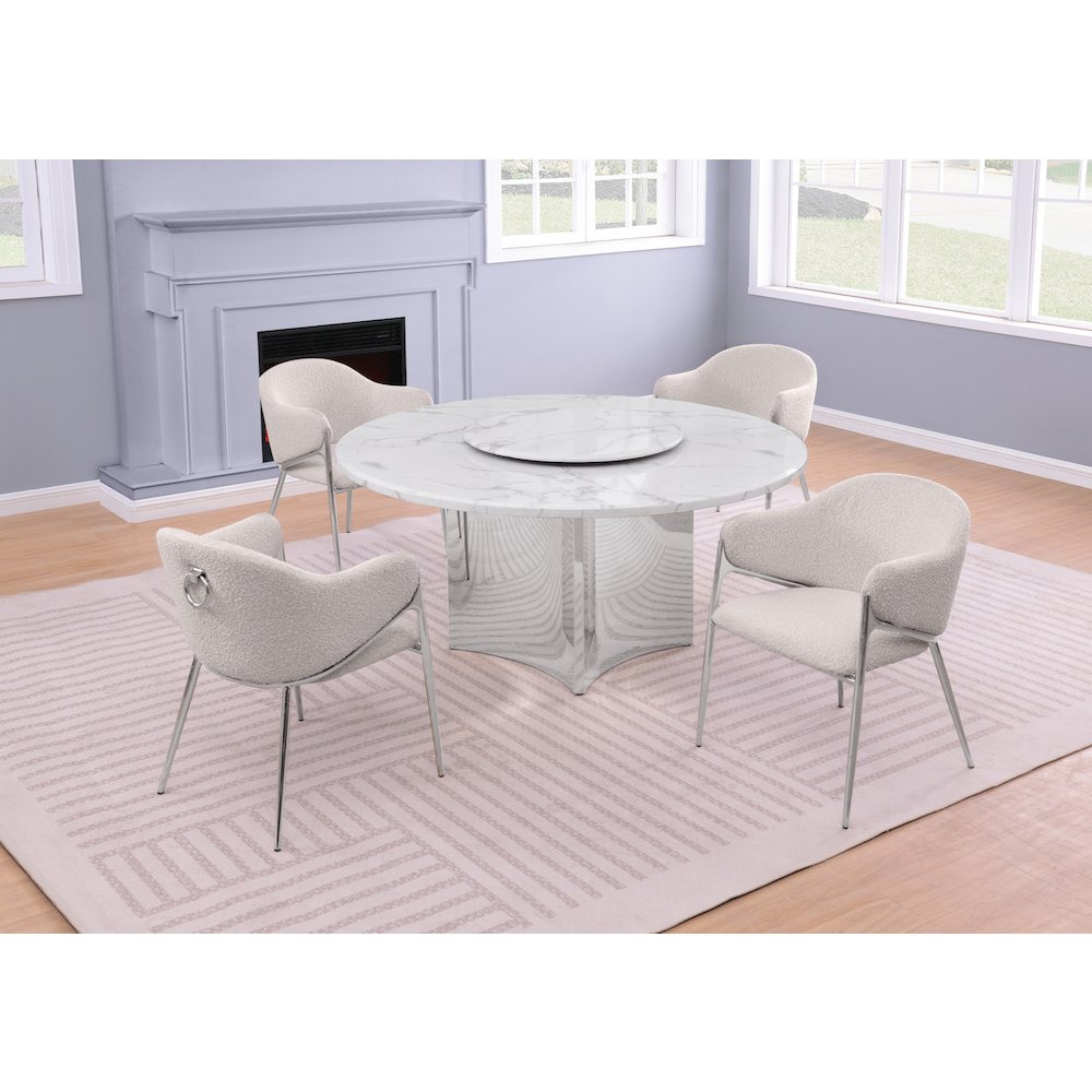 5pc Circle Marble Top With Lazy Susan and 4 Cream Chairs. Picture 2
