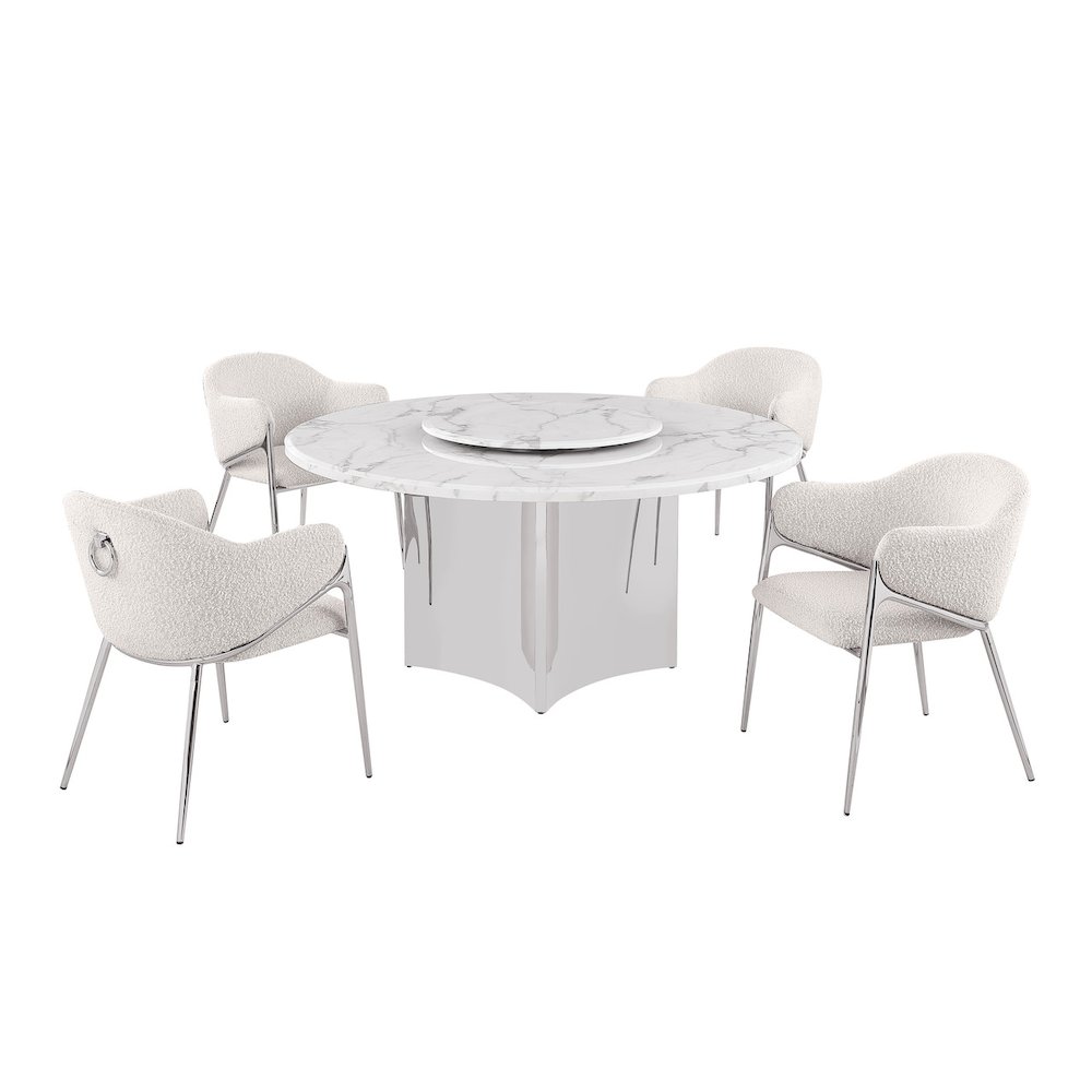 5pc Circle Marble Top With Lazy Susan and 4 Cream Chairs. Picture 1
