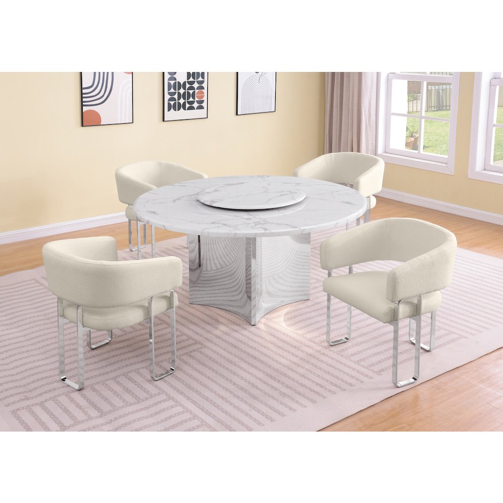 5pc Circle Marble Top With Lazy Susan and 4 Cream Tri-Leg Desing Base. Picture 2