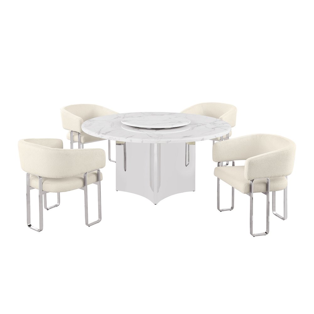 5pc Circle Marble Top With Lazy Susan and 4 Cream Tri-Leg Desing Base. Picture 1