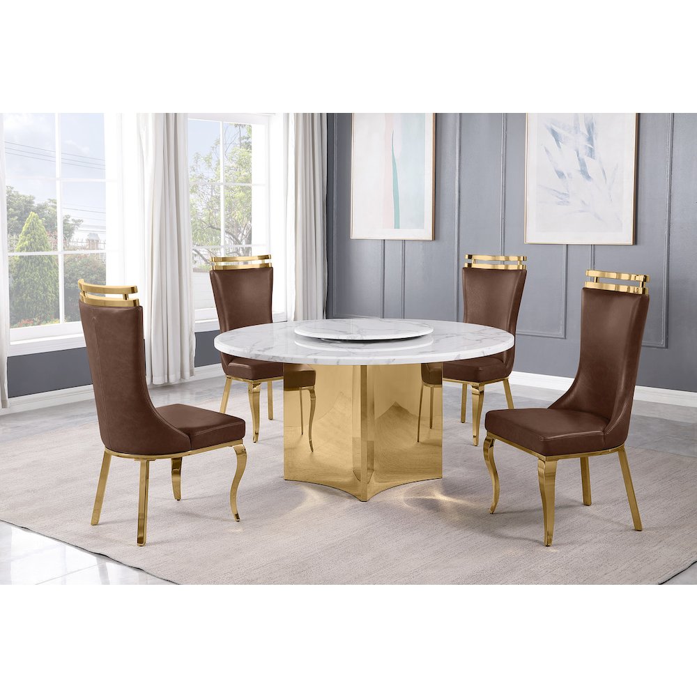 5pc Circle Marble Top Gold Base With Lazy Susan and 4 Mocha Chairs. Picture 2