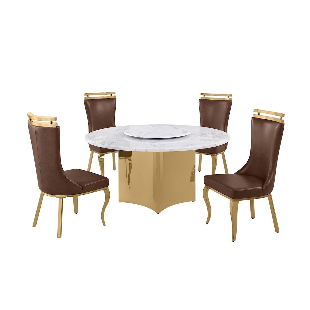 5pc Circle Marble Top Gold Base With Lazy Susan and 4 Mocha Chairs. Picture 1