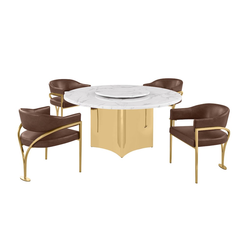 5pc Circle Marble Top Gold Base With Lazy Susan and 4 Mocha Chairs. Picture 1