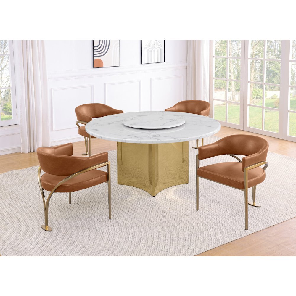 5pc Circle Marble Top Gold Base With Lazy Susan and 4 Toffee Chairs. Picture 2