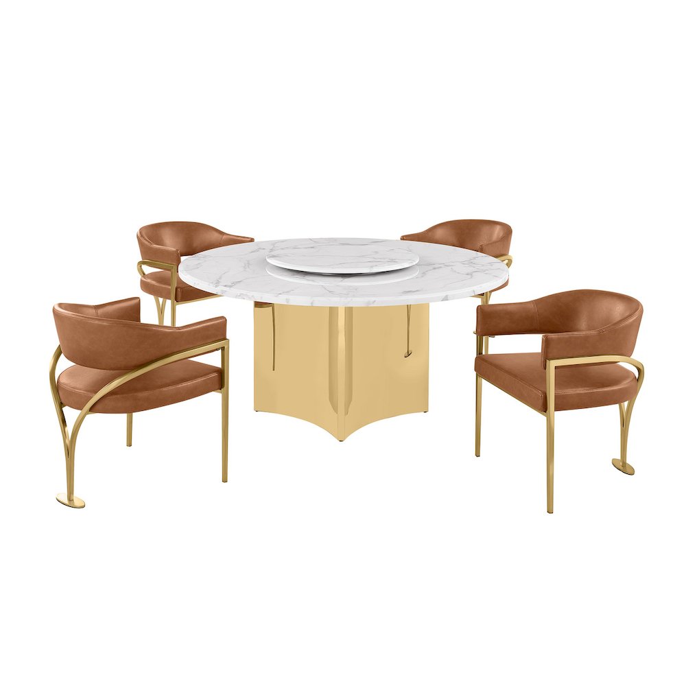 5pc Circle Marble Top Gold Base With Lazy Susan and 4 Toffee Chairs. Picture 1