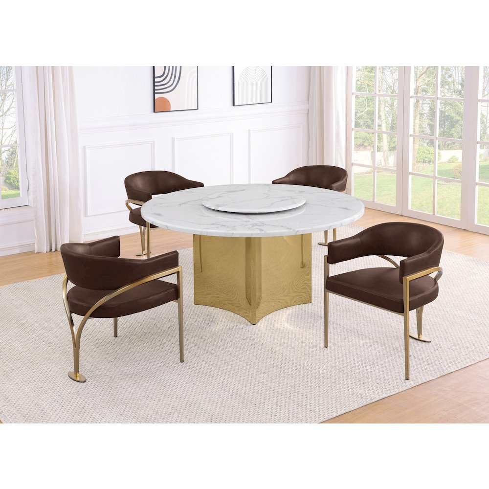 5pc Circle Marble Top Gold Base With Lazy Susan and 4 Espresso Chairs. Picture 2