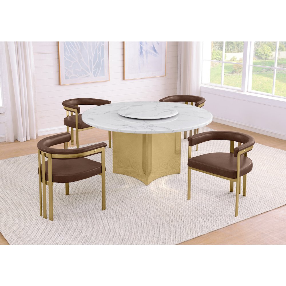 5pc Circle Marble Top Gold Base With Lazy Susan and 4 Mocha Chairs. Picture 2