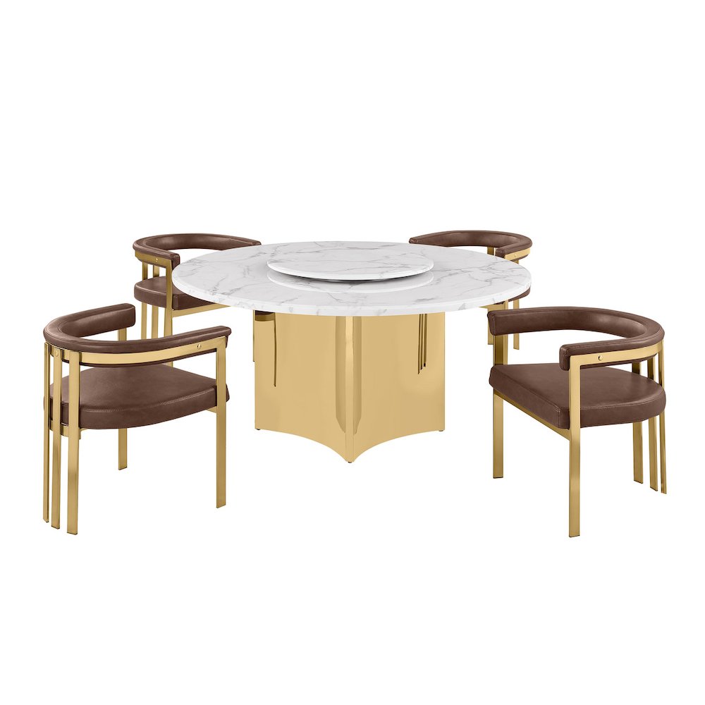 5pc Circle Marble Top Gold Base With Lazy Susan and 4 Mocha Chairs. Picture 1