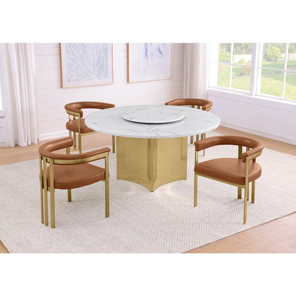 5pc Circle Marble Top Gold Base With Lazy Susan and 4 Toffee Chairs. Picture 2